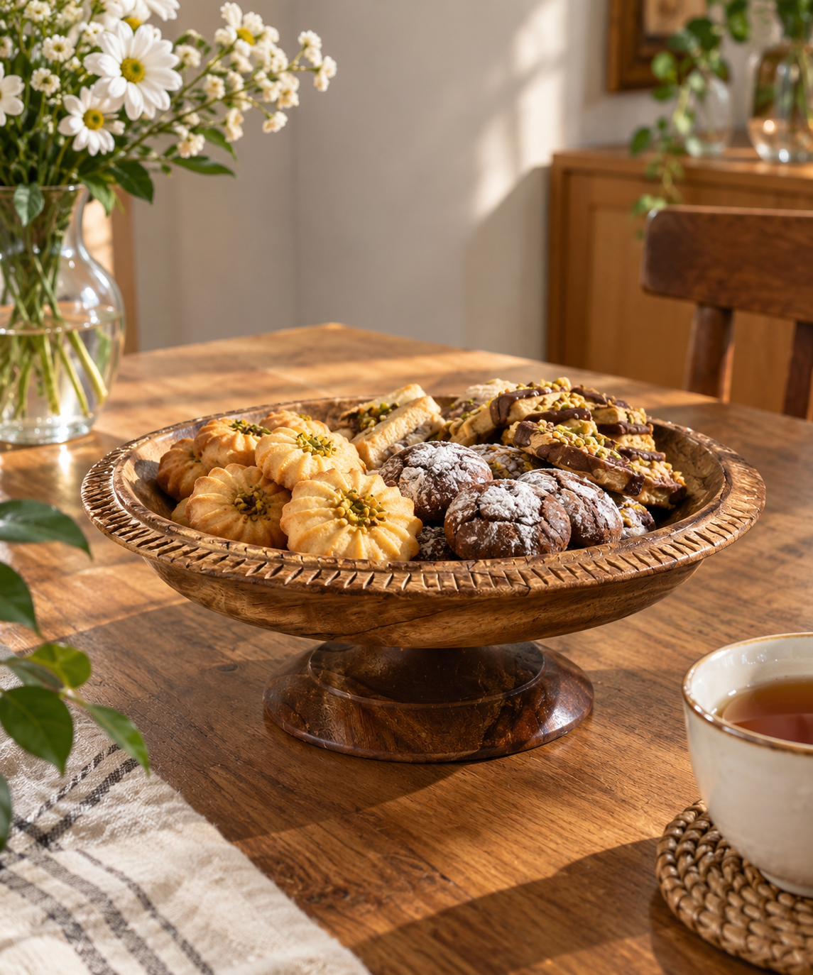 شیرینی خوری چوبی گردو مدل قلم زنی